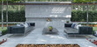 © Victor zastol'skiy - Modern outdoor lounge area with dark sofas and concrete wall. 3d rendering of luxury patio terrace