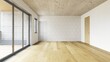 © Victor zastol'skiy - Empty room interior with hexagonal wall tiles and sliding glass doors. 3D rendering of a new home