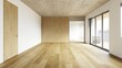 © Victor zastol'skiy - Empty modern room with wood floor and concrete ceiling. Unfurnished apartment interior with balcony
