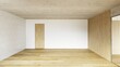 © Victor zastol'skiy - Empty modern room with wood floor and concrete ceiling. Unfurnished interior with hexagonal tiles