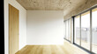 © Victor zastol'skiy - Empty modern room with wood floor and concrete ceiling. Unfurnished apartment with balcony and view