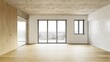 © Victor zastol'skiy - Empty modern apartment interior with wood floor and concrete ceiling. Unfurnished room. 3D rendering