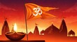 © RAZIA - Saffron flag with om symbol fluttering over ancient hindu temples at sunset with a lit diya