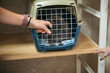 © Gonzalo Infiesta - Owner comforting cat in pet carrier at veterinary clinic