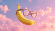 © abir - A banana wearing pink glasses floats in the air against a pastel sky with fluffy clouds