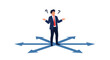 © Ashikur - Thoughtful businessman in a suit is standing at a crossroads with multiple arrows, trying to make an important career decision.