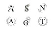 © Bartosz - Set of six elegant monograms with letters decorated by delicate botanical illustrations of leaves and flowers in a minimalist style.
