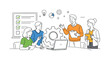 © peppastocker - Professionals improving team coordination during a structured workflow meeting, several coworkers gathered around a large gear connected to a laptop while a simple checklist board represents