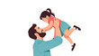 © Jack - Happy father lifting his young daughter high in the air against a plain white background, capturing a moment of family joy and love.