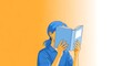 © Bisca - Person with blue hair reading a blue book covering their face, education and imagination concept illustration.