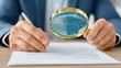 © kazitafahnizeer - Businessman scrutinizing digital contract with magnifying glass. Tech expert revealing circuit board data, a concept for LawTech, cybersecurity, and digital due diligence.