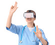 © Pixel-Shot - Female doctor using VR glasses on white background