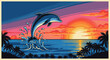 © lisda - Dolphin Jumping at Sunset Tropical Beach Palm Trees Ocean Waves Vibrant Sky