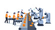 © SM's Project - Flat 2D illustration of workers and robots collaborating on an assembly line with automation and AI integration, showcasing jobs and industrial concept.