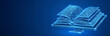 © itlada - A glowing blue wireframe open book emerging from a digital platform, symbolizing online education, digital knowledge, and futuristic learning technology on a dark blue background