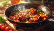 © Kalar - Delicious steaks sizzling in a hot pan with fresh ingredients.