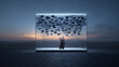 © Lustre Art Group  - Communication concept woman reading messages inside transparent cube with speech bubbles for social media advertising, digital conversation branding, messaging technology editorial and marketing.