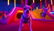 © Ytnart - A playful chihuahua stands confidently in a vibrant, colorful playroom filled with bright lights and interactive toys, showcasing a fun and energetic environment for dogs.