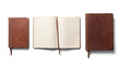© AbdulWaheed - three brown leather notebooks arranged on a transparent background, top-down perspective, featuring one open to lined pages, representing vintage writing tools.