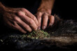 © Milos - A focused individual meticulously prepares a herbal mixture on a fur surface, highlighting the connection between nature and traditional practices in crafting medicines.