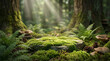 © terdevil23 - Mossy rock podium on forest floor with sunlight rays.