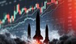 © kazetix - Silhouette of military missiles launching against a dark background of glowing financial stock market charts. Concept of geopolitical tension and economic market volatility.