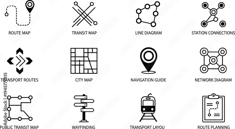 Route map icons, transit map, line diagram, station connections ...