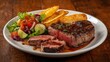 © VolumeThings - Tasty ostrich meat served with potato fries and salad