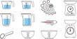 © Sirajul - Set of kitchen measuring tool icons featuring measuring cups spoons scales and a thermometer in clean line art style for cooking and baking design.