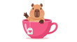 © Pasni - Cute Capybara Waving From Inside a Pink Teacup.