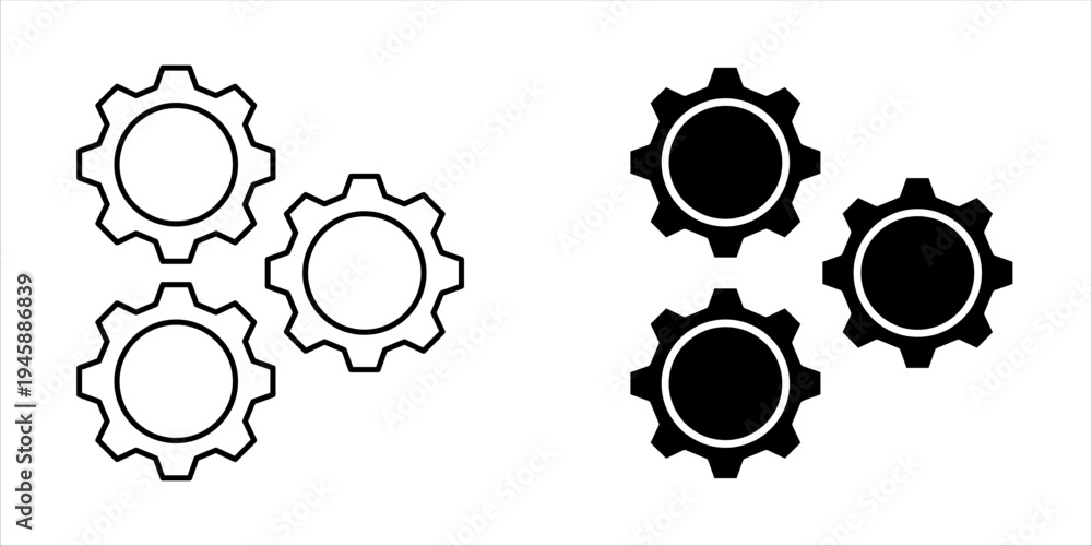 Set of gear icons in outline and flat solid styles. Mechanical ...