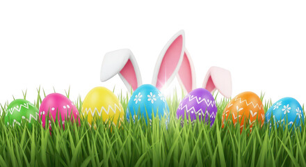  Colorful easter eggs and bunny ears in the grass field isolated on transparent background