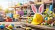 © detry26 - Hard hat with bunny ears on wooden table surrounded by colorful easter eggs and daffodils. Construction tools and building site in background. Holiday safety concept blending workplace with spring