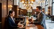 © QuiinL - A smiling female hotel receptionist assists a male guest holding his passport at a luxurious hotel reception desk in a grand lobby.