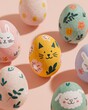 © World of AI - Colorful Easter eggs decorated with cute illustrated animals including a cat, bunny, and sheep on a soft pink background for festive spring celebrations