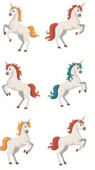  Collection of Six Mythical Unicorn Illustrations with Diverse Mane and Tail Colors