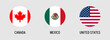© Breno - North America countries flags set featuring Canada, Mexico and United States in circular icon design with national colors and symbols, vector illustration collection for international themes