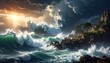 © Biggy - Dramatic ocean waves crash against rocky shores under a stormy sky with sunlight breaking through.