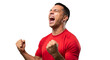 © Marlon - A young soccer fan player man celebrating with fists clenched and mouth open in excitement 2026 soccer world championship. Transparent background