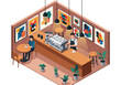 © Nining - Cozy Isometric Coffee Shop Interior with Barista and Customers, Artwork on Brick Walls