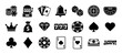 © Vladislav - Set of black silhouette casino and gambling icons featuring a slot machine, poker chips, playing cards, dice, roulette wheel, and symbols of luck and winning