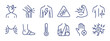 © Vladislav - Set of blue line icons representing various medical symptoms and physical injuries like headache, joint pain, broken bones, and fever, designed in a simple, minimalist pictogram style