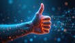 © Raisa - Digital hand gives thumbs up gesture. Glowing particles form abstract network connections and data streams. Futuristic technology concept signifies approval and positive feedback online.