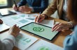 © Raisa - Business people review charts and tablet showing ESG logo during meeting. Team discusses sustainability strategy and corporate responsibility for future growth.