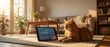 © Yuliia - Orange tabby cat sitting beside laptop computer displaying financial charts in cozy modern living room with natural sunlight streaming through window.