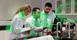 © vectorfusionart - Discussing data, three researchers in white lab coats pointing at monitor and keyboard in lab