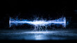 © jie - Intense blue electric arc discharge with bright sparks and plasma light effects between two electrodes on a dark background, illustrating high voltage power and energy.