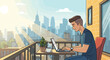 © YUDA - Young man working remotely on a laptop from a sunny city balcony with a skyline view.