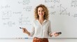 © twilight mist - Smiling female instructor presents complex mathematical equations and geometric diagrams on a whiteboard