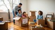 © twilight mist - Family members enjoy playing inside a decorated cardboard box during a domestic relocation process.